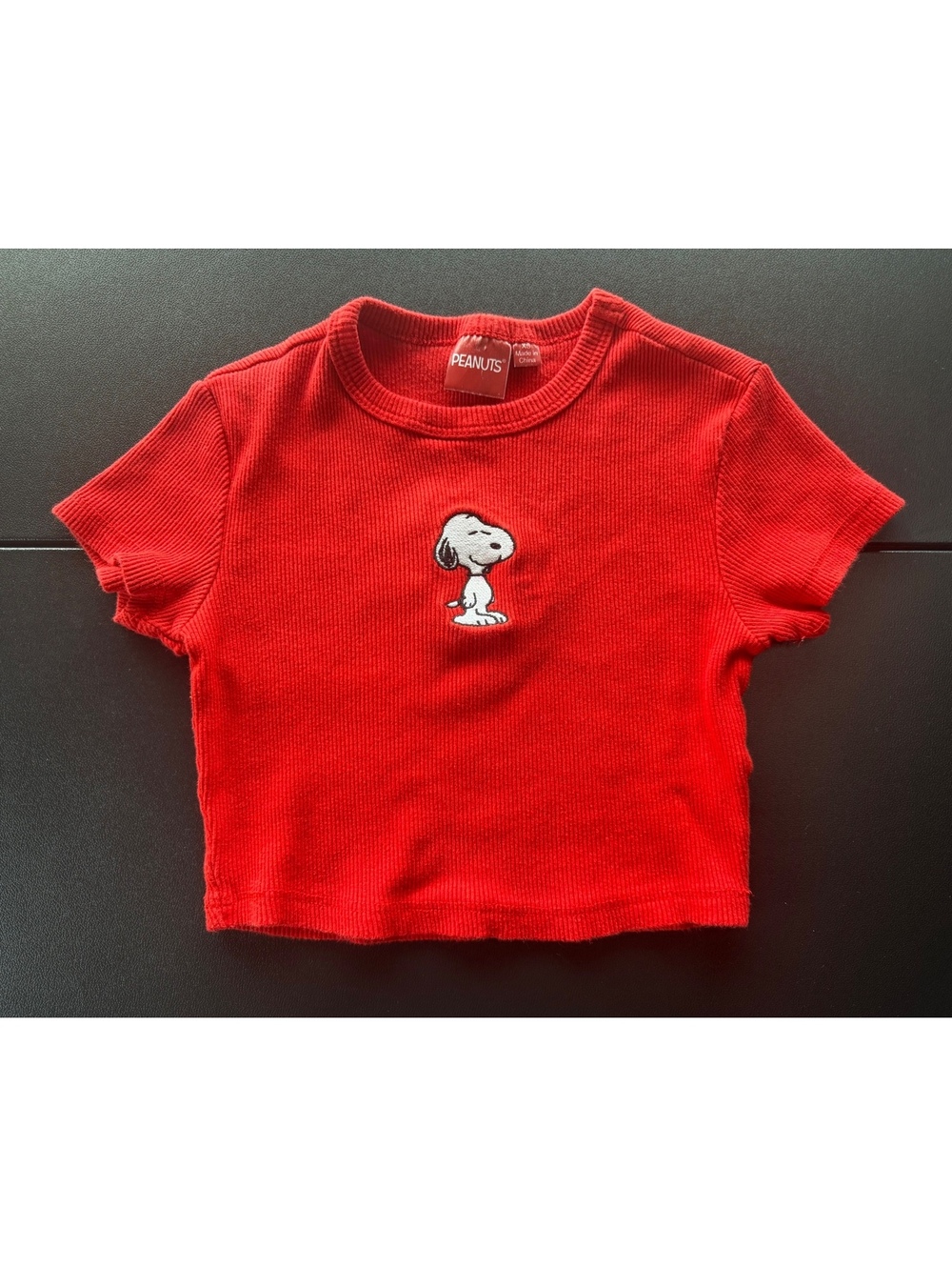Peanuts Snoopy Kids XS Red Ribbed T Shirt Embroidered Graphic Tee
